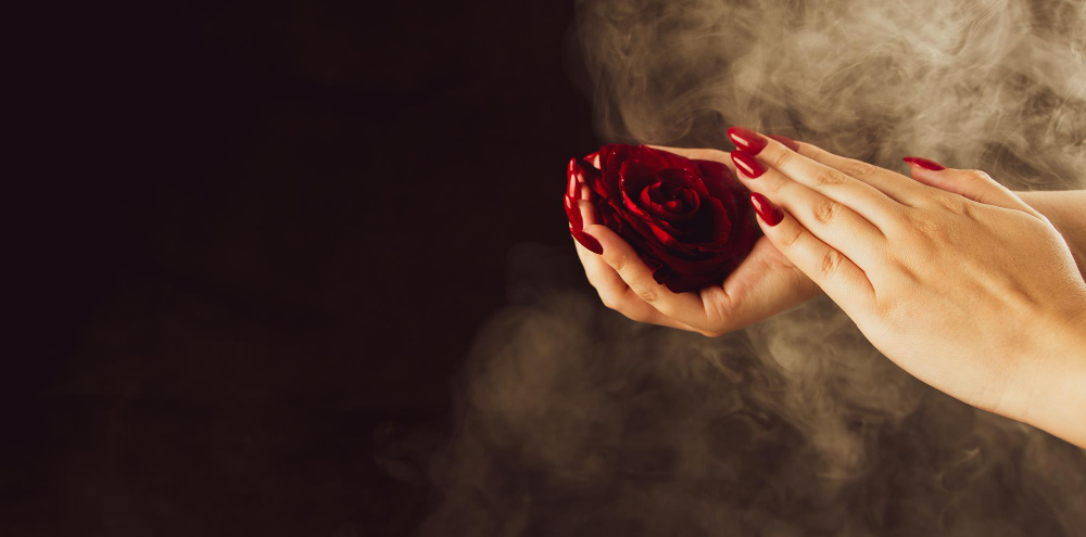 mujer cultivo rojas flor rosa alto angulo mujer cultivo tierno capullo rosa manos esmalte rojo estudio humo sobre fondo negro 1